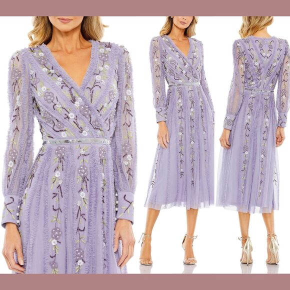 Mac Duggal Dresses & Skirts - NWT $698 Mac Duggal [ 4 ] Long Sleeve‎ Embroidered Wrap Midi Dress Lilac G1710